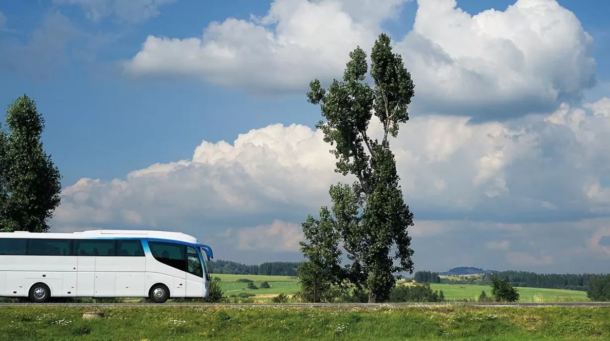 White coach traveling in a rural landscape