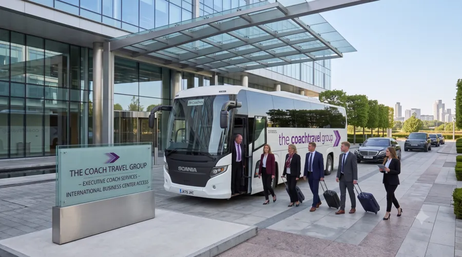 Corporate coach and minibus hire outside a commercial building, ready to transport business groups comfortably and efficiently across the UK.