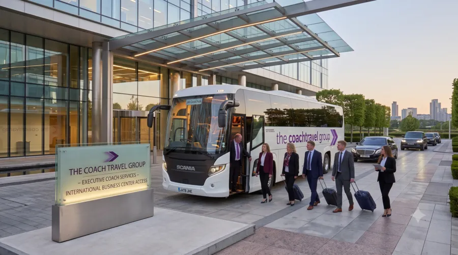 Business professionals boarding a corporate coach before travelling to a conference, meeting or company event with Coach Travel Group.