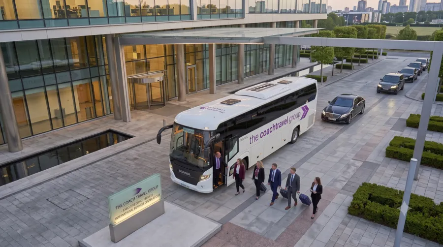 Corporate coach parked at a conference venue, providing reliable group transport for business events, exhibitions and executive travel.