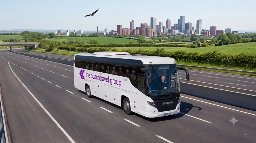 Executive corporate coach travelling on a UK motorway, offering comfortable and dependable transport for business travel and airport transfers.
